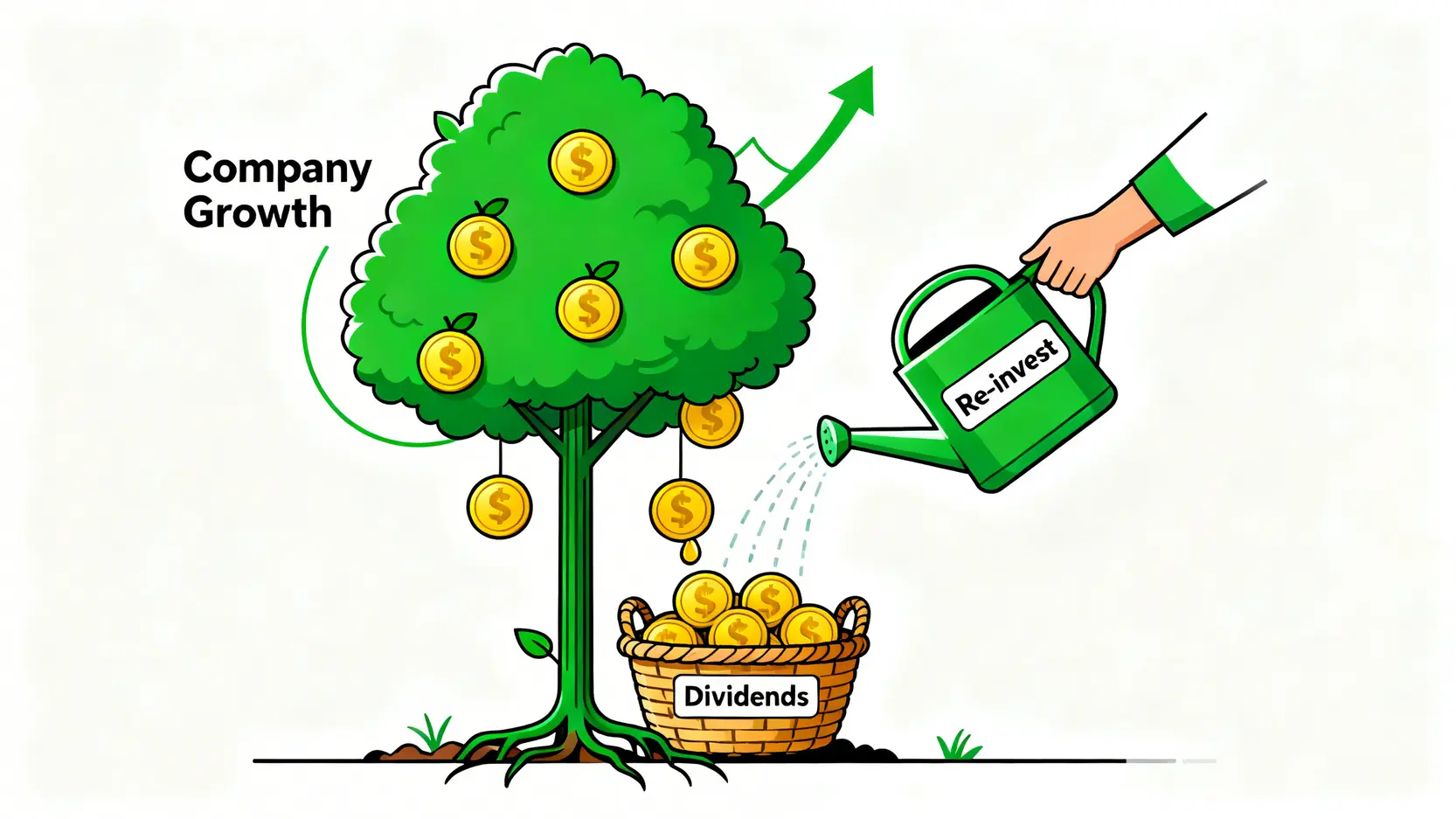 【收息攻略】收息股vs定期存款點揀好?一篇搞懂高息股好處壞處與風險 3 收息股vs定期存款,股票收息風險,高息股好處壞處,投資收息股新手入門 收息股的股息複利效應示意圖,展示股息(果實)和股價升值(樹木成長)的雙重回報。