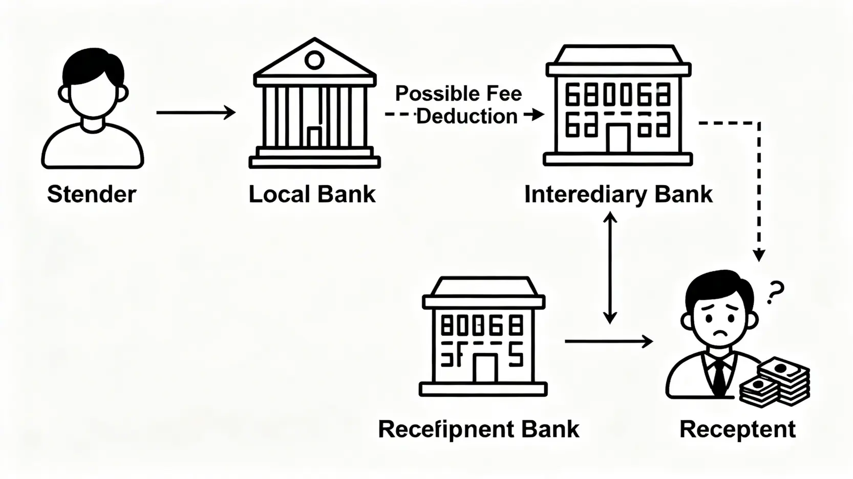 【2026唱錢攻略】外幣兌換手續費邊間銀行最抵?一篇睇晒銀行/找換店匯率差價、電匯收費 3 外幣兌換手續費邊間銀行最抵,銀行唱錢匯率比較,外幣電匯收費,香港銀行外幣兌換差價 一張流程圖,展示海外電匯資金如何從匯款人,經過本地銀行、中間銀行,最終到達收款人,並標示出中間銀行可能收取費用的環節。