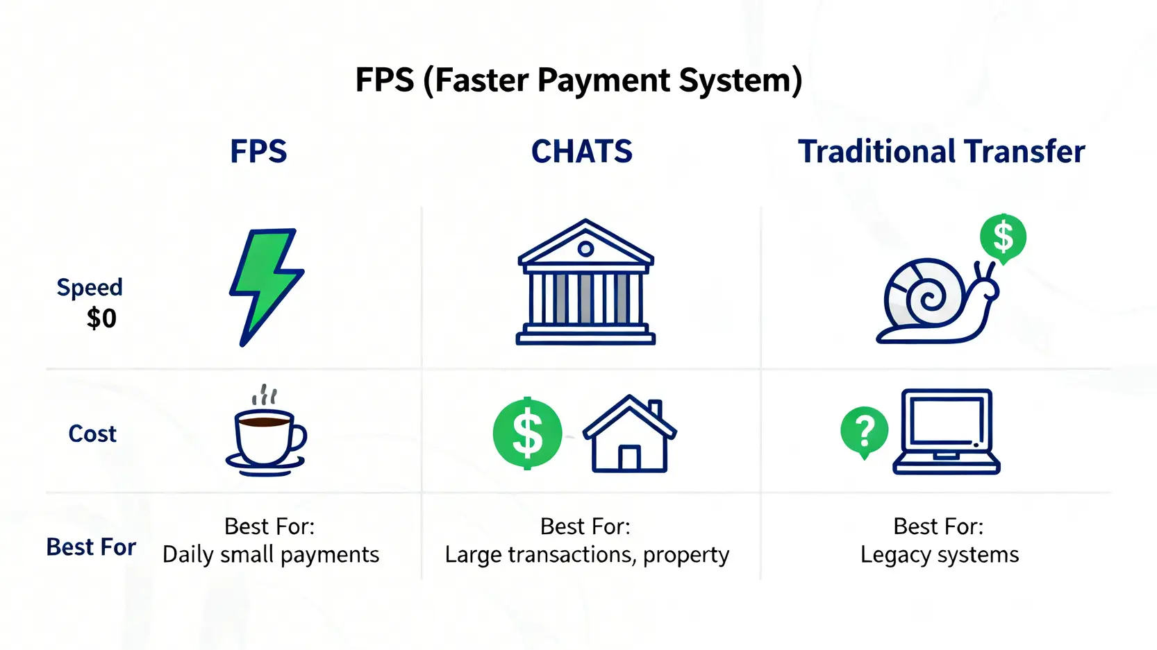 【2026香港轉帳懶人包】銀行過數手續費全比較!轉數快 vs 跨行收費一篇睇晒 2 香港銀行轉帳手續費比較,轉數快手續費,本地跨行轉帳收費,銀行過數手續費 香港三大本地轉帳方式比較圖:轉數快(FPS)、結算系統(CHATS)及傳統網上轉帳在速度、費用和用途上的差異。