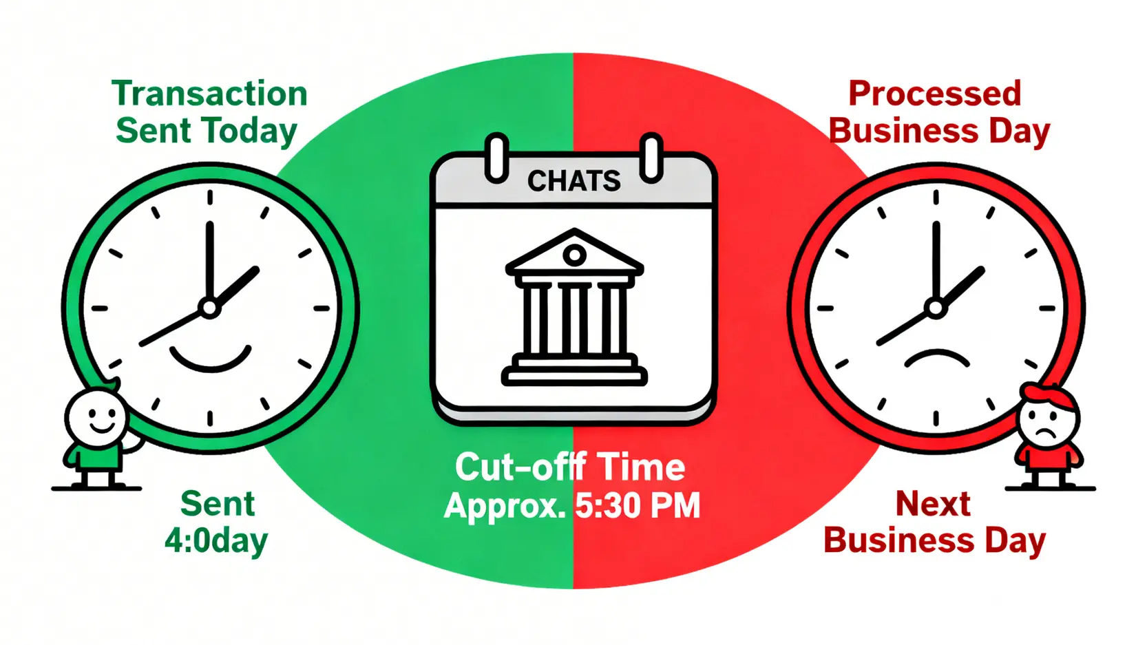 【2026香港轉帳懶人包】銀行過數手續費全比較!轉數快 vs 跨行收費一篇睇晒 4 香港銀行轉帳手續費比較,轉數快手續費,本地跨行轉帳收費,銀行過數手續費 概念圖解釋CHATS轉帳的截數時間,顯示在截數時間前完成的交易可即日處理,逾時則順延至下一個工作日。