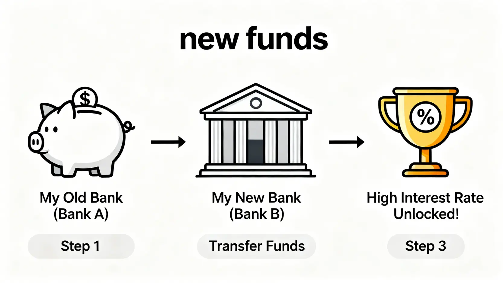 【香港銀行定存利率比較2026】20+間銀行優惠:定期存款邊間銀行最高息?(附新資金教學) 3 香港銀行定存利率比較,定期存款邊間銀行最高息,高息定存香港,港元定期存款優惠 解釋如何操作以符合銀行「新資金」定義的流程圖,展示資金從舊銀行轉入新銀行以獲取高息。