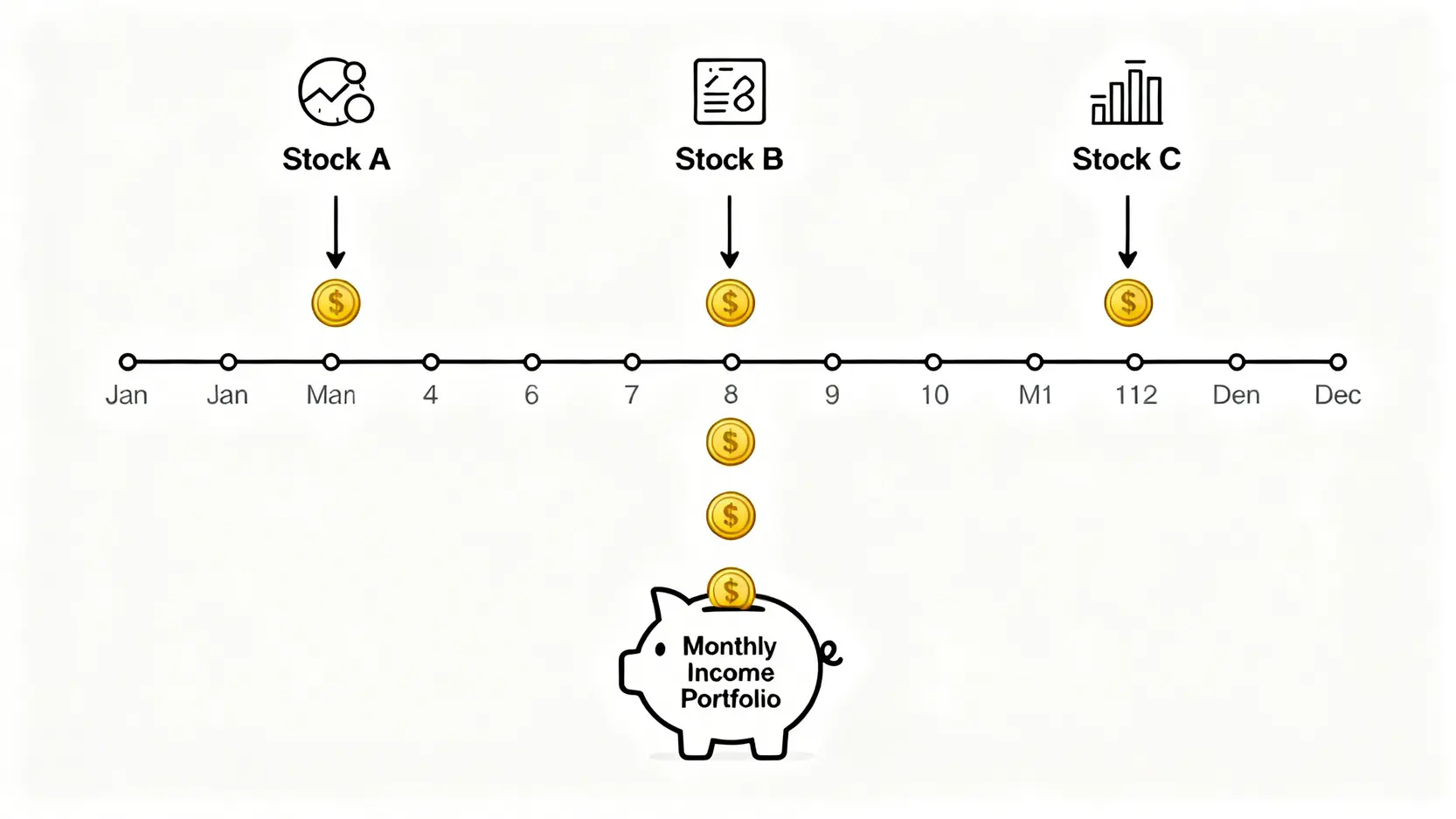 【2026月月收息股票香港】自製每月派息股組合,月月有糧出全攻略 2 月月收息股票香港,每月派息股組合,月月有糧出股票,月月派息ETF香港 一張示意圖,展示如何將三隻在不同月份派息的股票組合成一個全年都能產生現金流的每月收息組合。