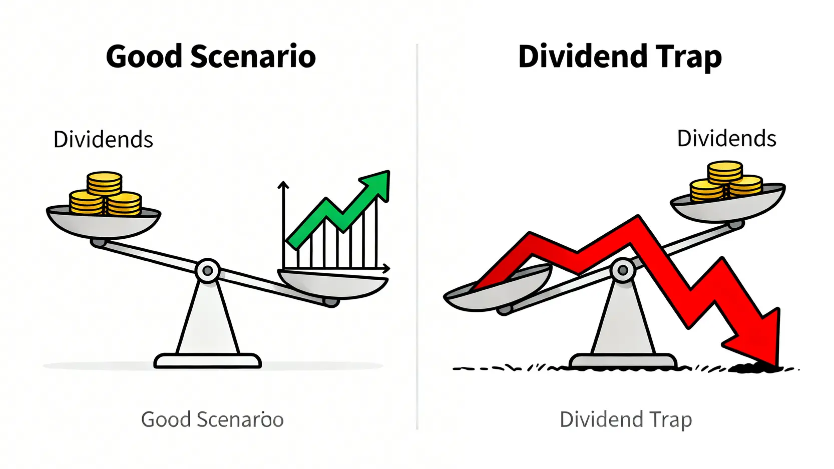 【2026收息股邊隻最穩?】精選10隻香港穩健收息股,一篇學識建立低風險高息組合! 2 收息股邊隻最穩,穩健收息股香港,低風險高息股,長期收息股組合 一張對比圖,解釋「賺息蝕價」的陷阱,顯示股價下跌的損失可能超過收到的股息。