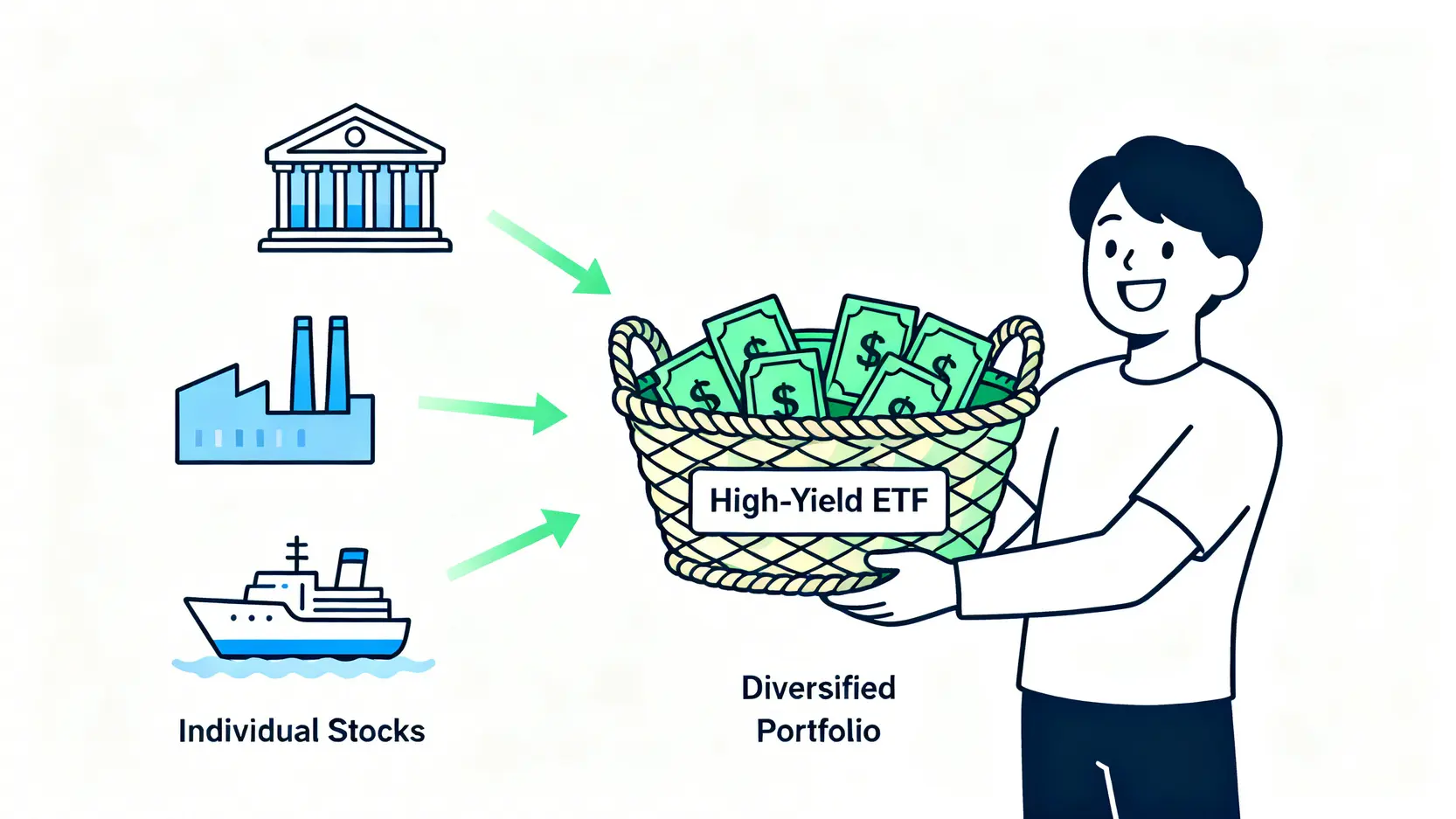 高息ETF香港投資教學2026:比較推介、成份股分析與月供攻略 2 高息ETF香港,高息ETF推介,月供ETF,ETF成份股 一張概念圖,展示了多支獨立的股票被放入一個標示為「高息ETF」的籃子裡,形象地解釋了ETF分散投資的原理。