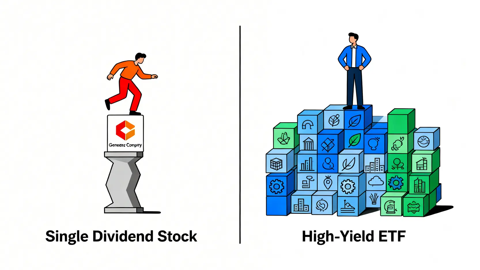高息ETF香港投資教學2026:比較推介、成份股分析與月供攻略 4 高息ETF香港,高息ETF推介,月供ETF,ETF成份股 一張對比圖,左邊是一個投資者站在單一高風險的股票上,右邊是另一個投資者穩固地站在由多支股票組成的ETF平台上,突顯ETF分散風險的優點。
