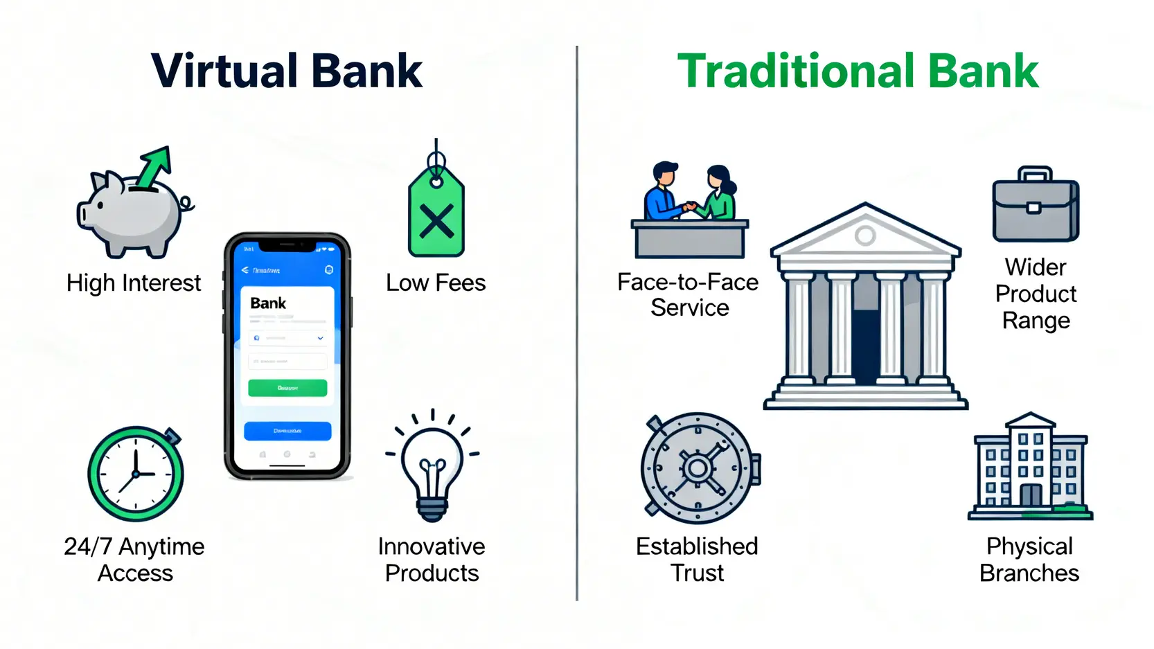 【2026香港虛擬銀行排名】8大Virtual Bank利率比較:高息活期、定存優惠一篇搞懂 2 虛擬銀行利率比較,香港虛擬銀行排名,virtual bank定存,高息活期虛擬銀行 虛擬銀行與傳統銀行的優缺點對比圖,展示了虛擬銀行的高利率、低門檻和靈活性,以及傳統銀行的實體服務和產品多樣性。