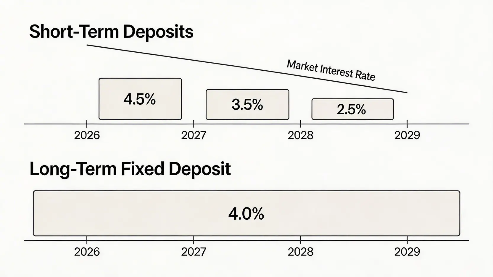 【2026三年定期存款利率】減息前必睇!銀行長年期定期比較,教你鎖定高息盡賺長存期著數! 2 三年定期存款利率,長年期定期,鎖定高息定期,長存期定期著數 一張對比圖,顯示在減息趨勢下,短期滾存定期的利率隨時間下降,而三年期定存的利率則能成功鎖定在較高水平。
