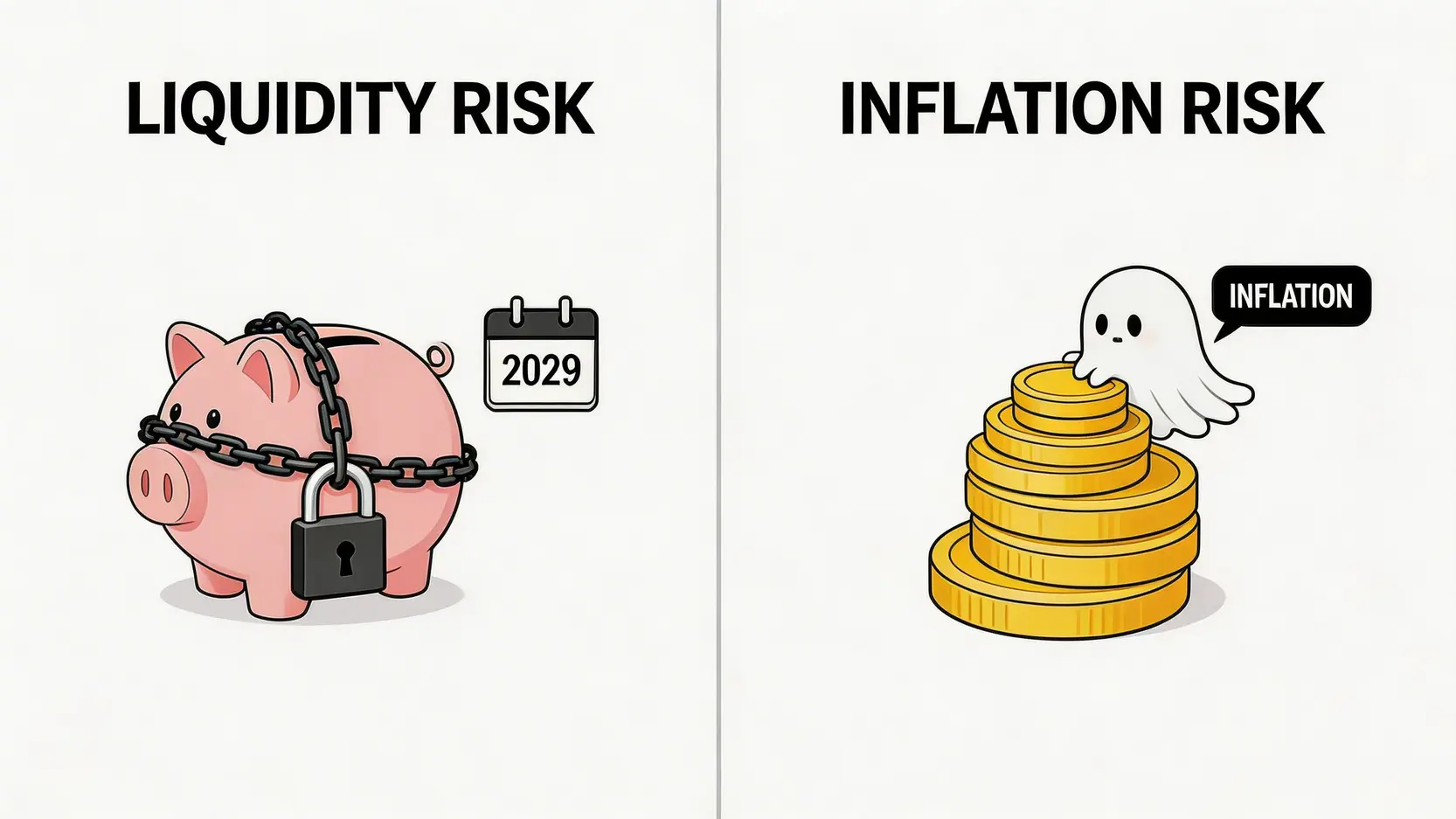 【2026三年定期存款利率】減息前必睇!銀行長年期定期比較,教你鎖定高息盡賺長存期著數! 3 三年定期存款利率,長年期定期,鎖定高息定期,長存期定期著數 一張示意圖,左邊顯示一個被鎖鏈鎖住的錢罌代表資金流動性風險,右邊顯示錢幣被通脹怪獸侵蝕代表購買力下降的風險。