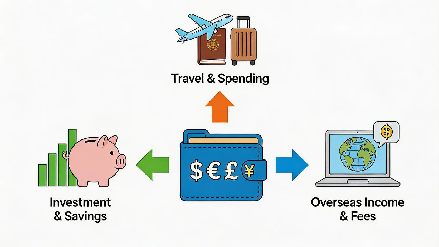 【2026外幣戶口比較】Citibank/HSBC/Wise開戶教學、手續費及唱錢攻略 2 外幣戶口比較,開外幣戶口教學,綜合貨幣戶口用途,海外提款手續費 綜合貨幣戶口三大用途示意圖:旅行消費、投資儲蓄及海外收支。