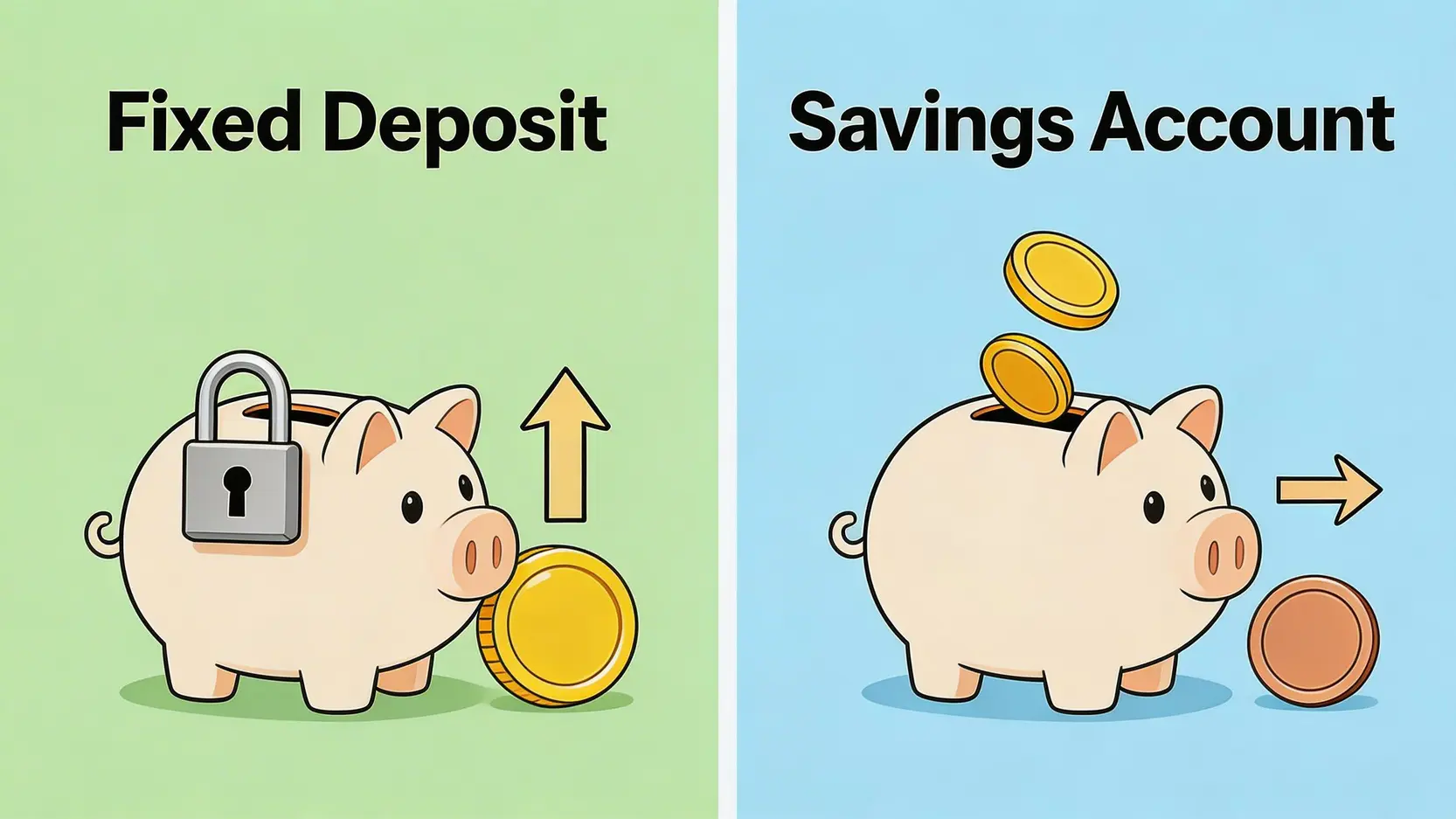 定期存款是什麼?一篇搞懂零存整付、月供存款計劃,2026儲蓄必睇! 2 定期存款是什麼,零存整付戶口,月供存款計劃,存款英文 定期存款與活期存款的核心分別,展示了定存的高利率低靈活性與活期的低利率高靈活性。