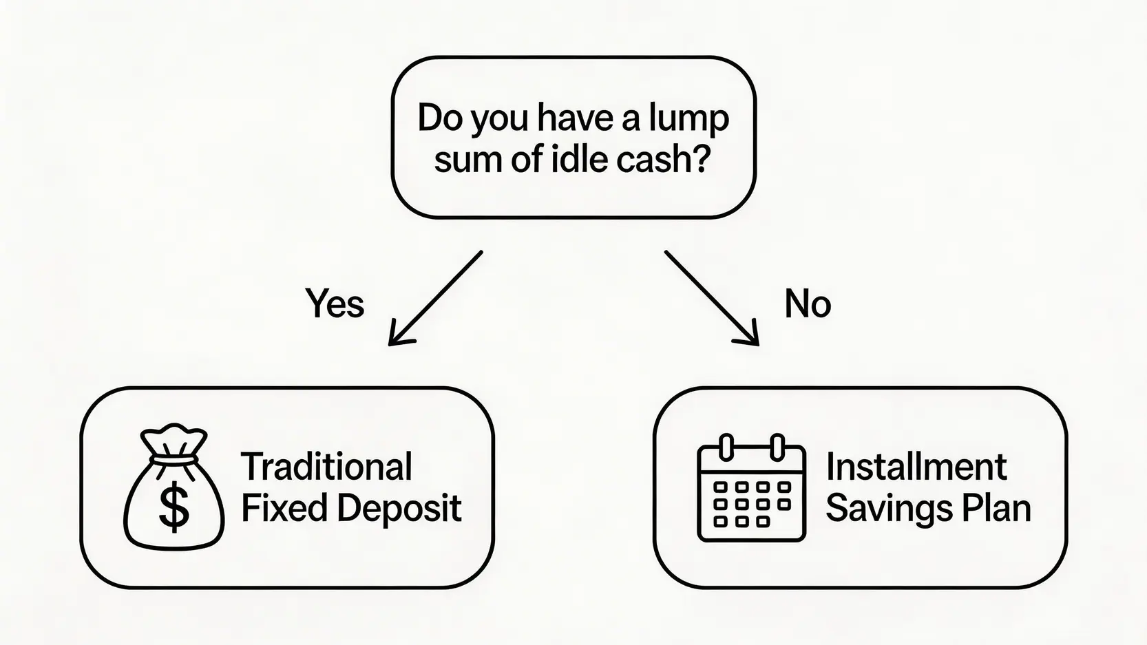 定期存款是什麼?一篇搞懂零存整付、月供存款計劃,2026儲蓄必睇! 4 定期存款是什麼,零存整付戶口,月供存款計劃,存款英文 選擇定期存款或零存整付的決策流程圖,根據是否有大筆閒錢來決定適合的儲蓄方式。
