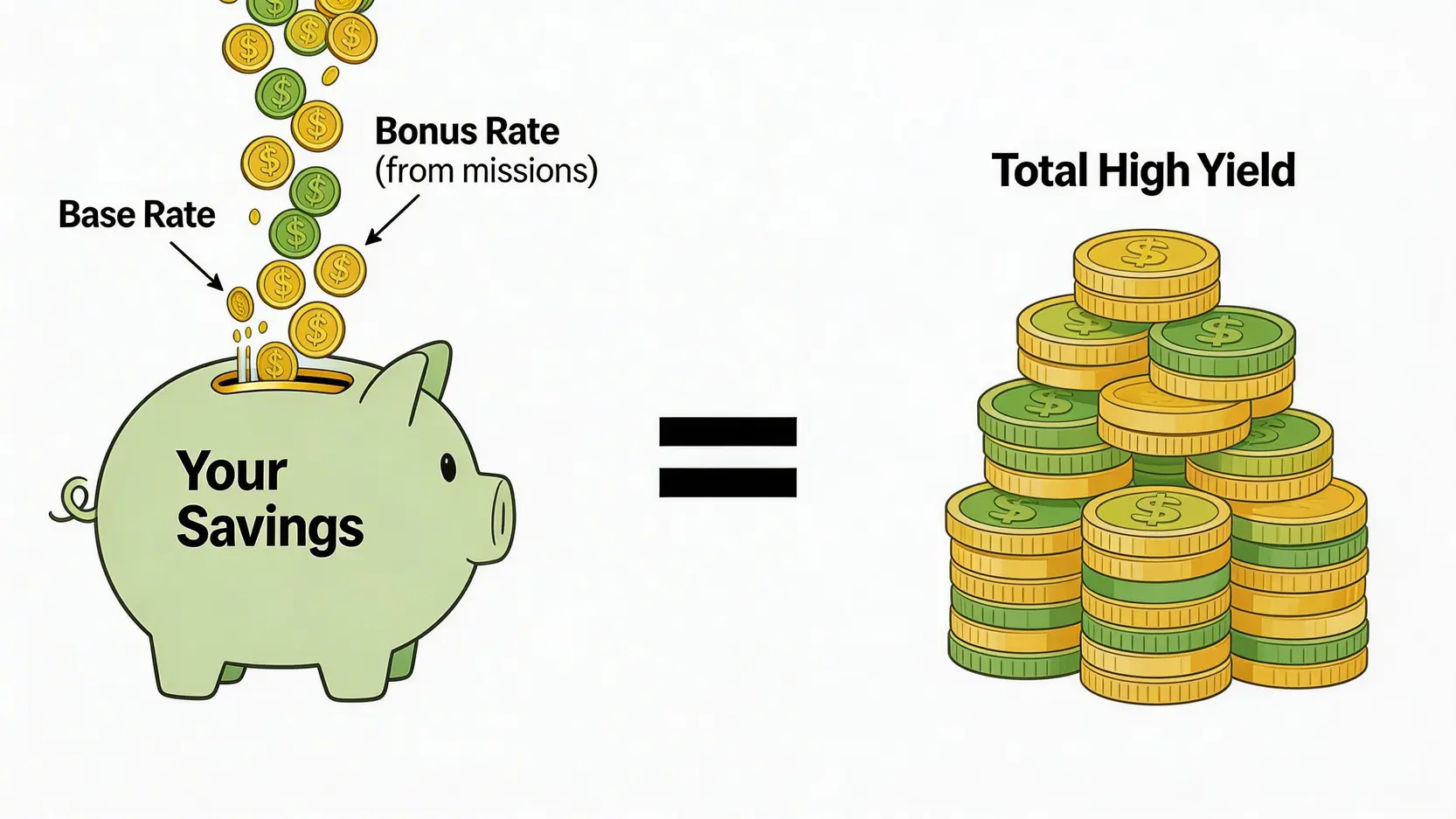 【2026高息活期】香港10大高息儲蓄戶口比較,虛擬銀行利率、開戶教學懶人包 4 高息活期,高息儲蓄戶口比較,虛擬銀行活期利率,活期存款教學 高息活期存款利息計算示意圖,顯示總利息由基本利率和額外任務利率組成。