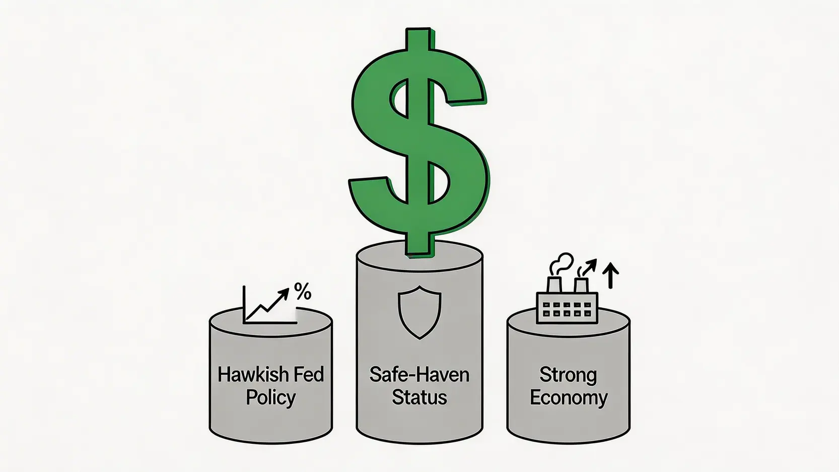 【2026美金匯率走勢圖】全面解析:一篇看懂美元強勢原因與未來前景分析 2 美金匯率走勢圖,美元強勢原因,美元前景分析,美元匯率走勢預測2026 一張說明美元強勢三大原因的示意圖,包含美國聯儲局的鷹派政策、避險貨幣地位以及強勁的美國經濟。