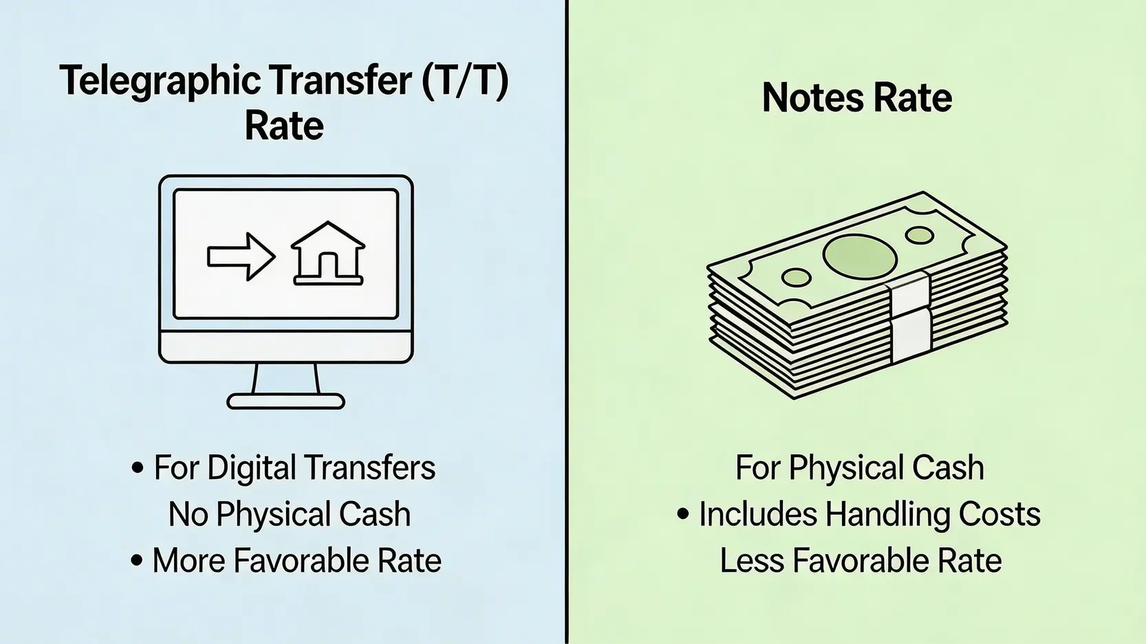 【美元兌港元匯率2026】USDtoHKD即時走勢、今日美金匯率最準報價一篇睇晒! 3 美元兌港元匯率,今日美金匯率,USDtoHKD即時,聯繫匯率制度 一張對比圖,清楚解釋銀行電匯價與現鈔價的分別,左邊是代表電子轉帳的電匯價,匯率較佳;右邊是代表實體鈔票的現鈔價,匯率較差。