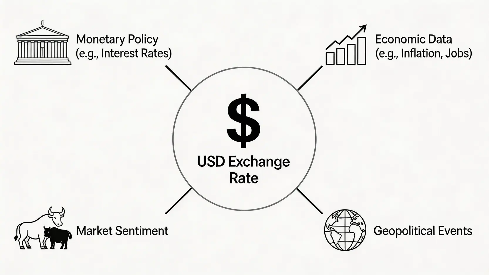 【2026唱美金攻略】點樣買美金最抵?一篇搞掂銀行、找換店匯率比較! 4 點樣買美金,邊間銀行唱美金抵,找換店匯率比較 影響美金匯率的四大因素圖解,包括美國貨幣政策、經濟數據、地緣政治風險及市場情緒。
