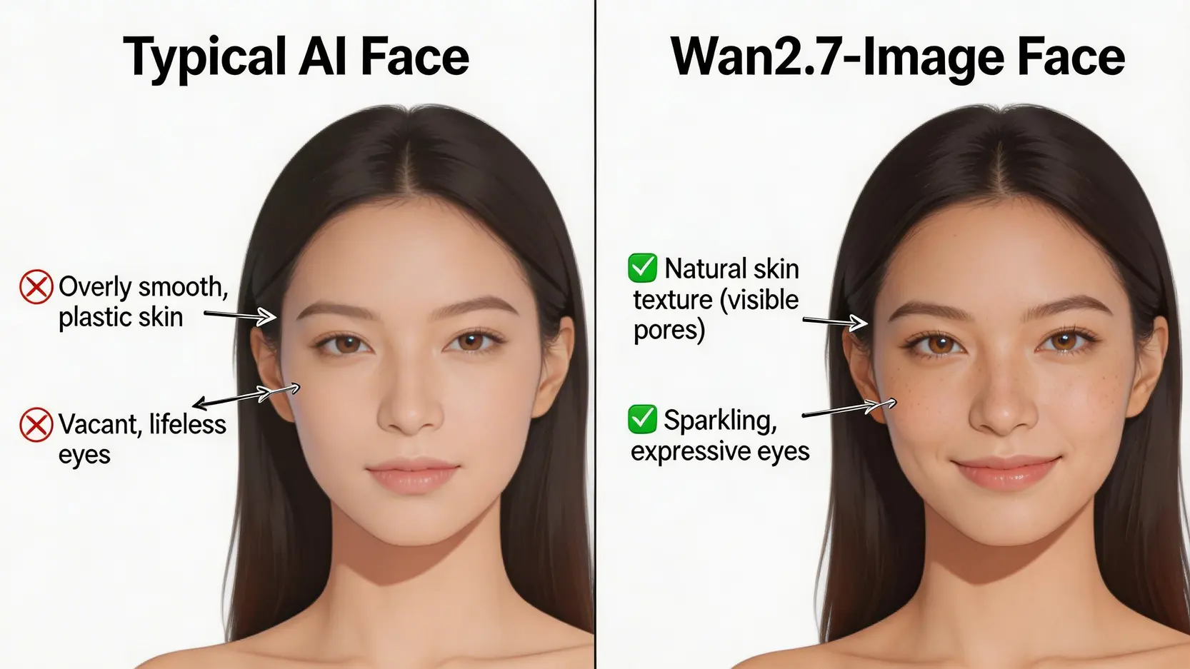 【Wan2.7-Image教學】一篇搞懂!從入門到精通,告別AI標準臉的prompt技巧 2 Wan2.7-Image教學,Wan2.7-Image點用,AI繪圖prompt技巧 一張對比圖,左邊是傳統AI生成的塑膠感人像,右邊是Wan2.7-Image生成的超逼真「活人感」人像。