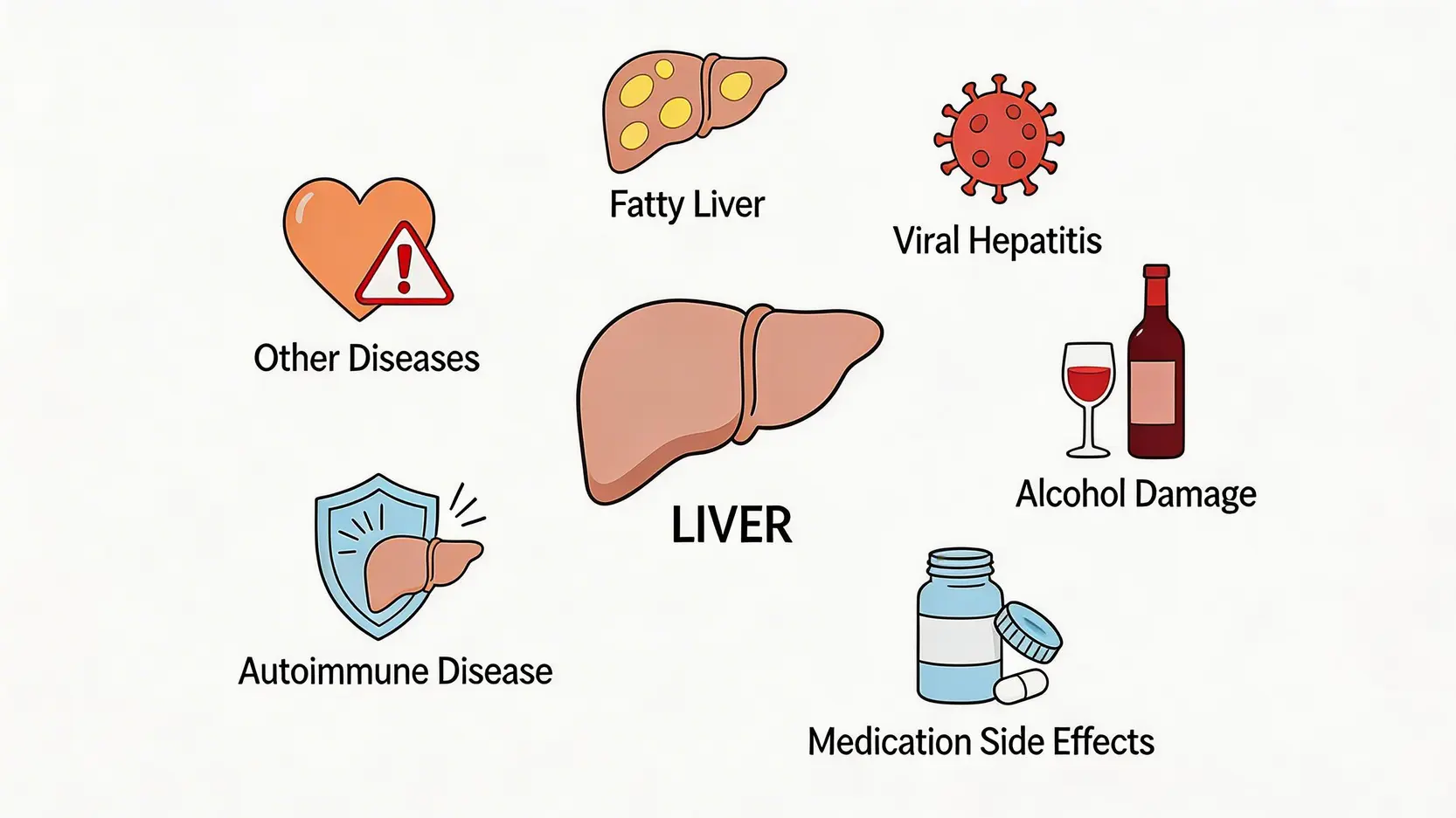 肝酵素高點算好?2026終極指南:一篇搞懂肝酵素高原因、症狀及降肝酵素食物 3 肝酵素高,肝酵素高原因,降肝酵素食物,肝功能指數過高 六大常見肝酵素高原因的資訊圖表,包含脂肪肝、病毒性肝炎、酒精、藥物、自身免疫疾病及其他疾病的圖示。
