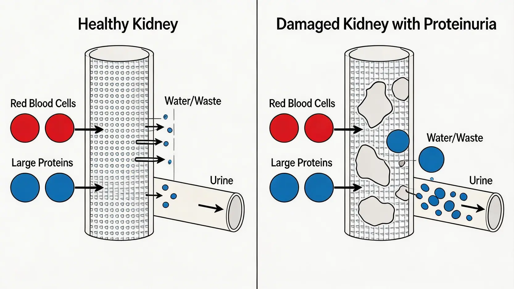 蛋白尿全攻略2026:驗尿有蛋白?即睇原因、症狀及治療方法 2 蛋白尿原因,蛋白尿症狀,驗尿有蛋白,泡泡尿 健康腎臟與蛋白尿腎臟的腎小球過濾功能對比圖,顯示受損時蛋白質會滲漏到尿液中。
