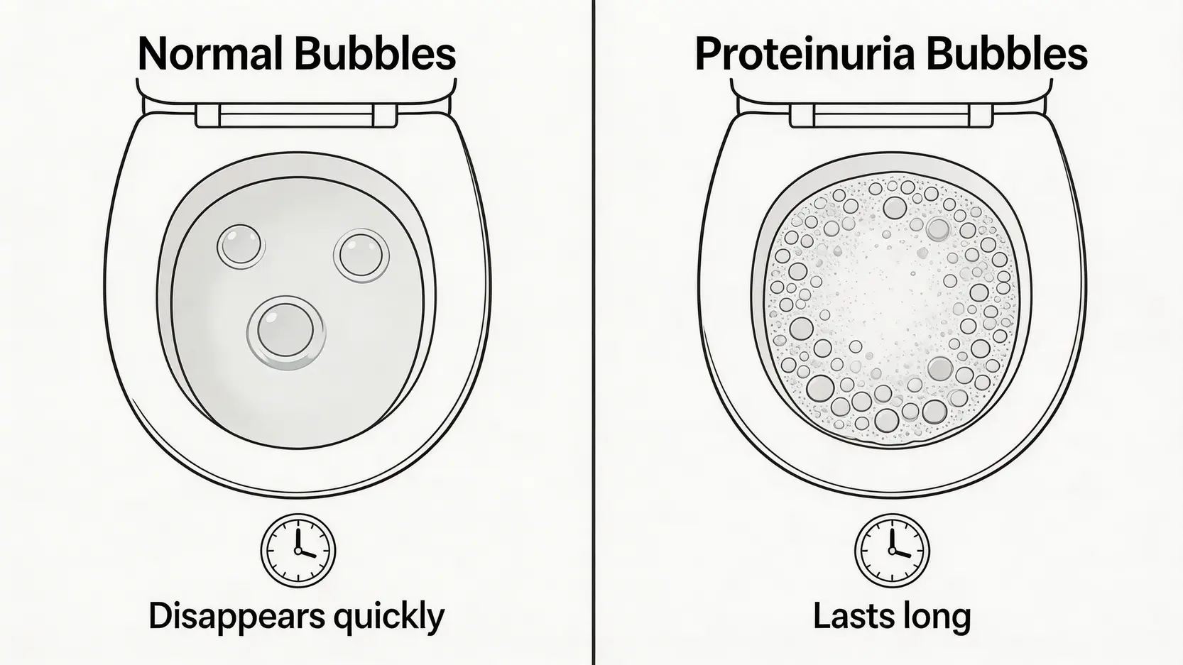 蛋白尿全攻略2026:驗尿有蛋白?即睇原因、症狀及治療方法 3 蛋白尿原因,蛋白尿症狀,驗尿有蛋白,泡泡尿 正常泡泡尿與蛋白尿引起的泡泡尿外觀對比。