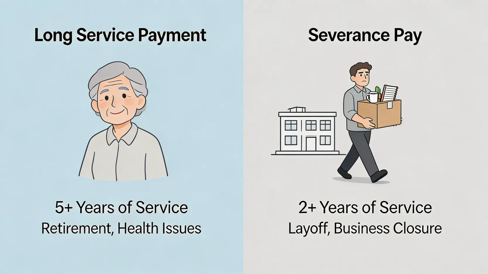 退休長期服務金2026懶人包:計算方法,資格,強積金對沖新制全攻略 2 退休長期服務金,長期服務金計算方法,強積金對沖機制,長服金領取資格 一張對比圖,清晰展示退休長期服務金與遣散費在服務年資要求和適用情境上的主要分別。