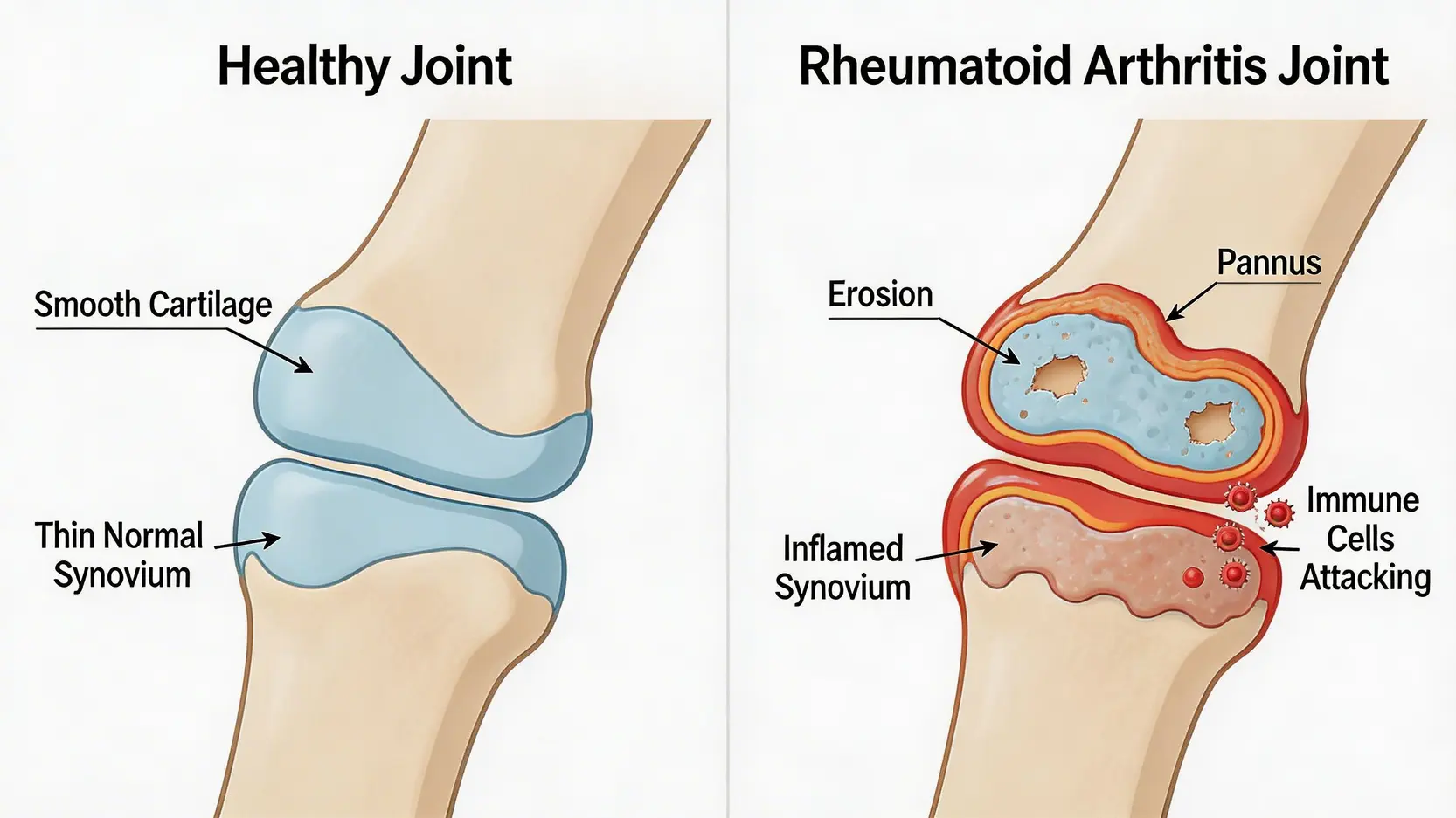 類風濕關節炎終極指南:一篇搞懂病徵、指數與最新治療方法 2 類風濕關節炎,類風濕關節炎病徵,類風濕關節炎指數,類風濕關節炎治療 類風濕關節炎病理示意圖,對比健康關節與因免疫系統攻擊導致滑膜發炎、軟骨侵蝕的病變關節。