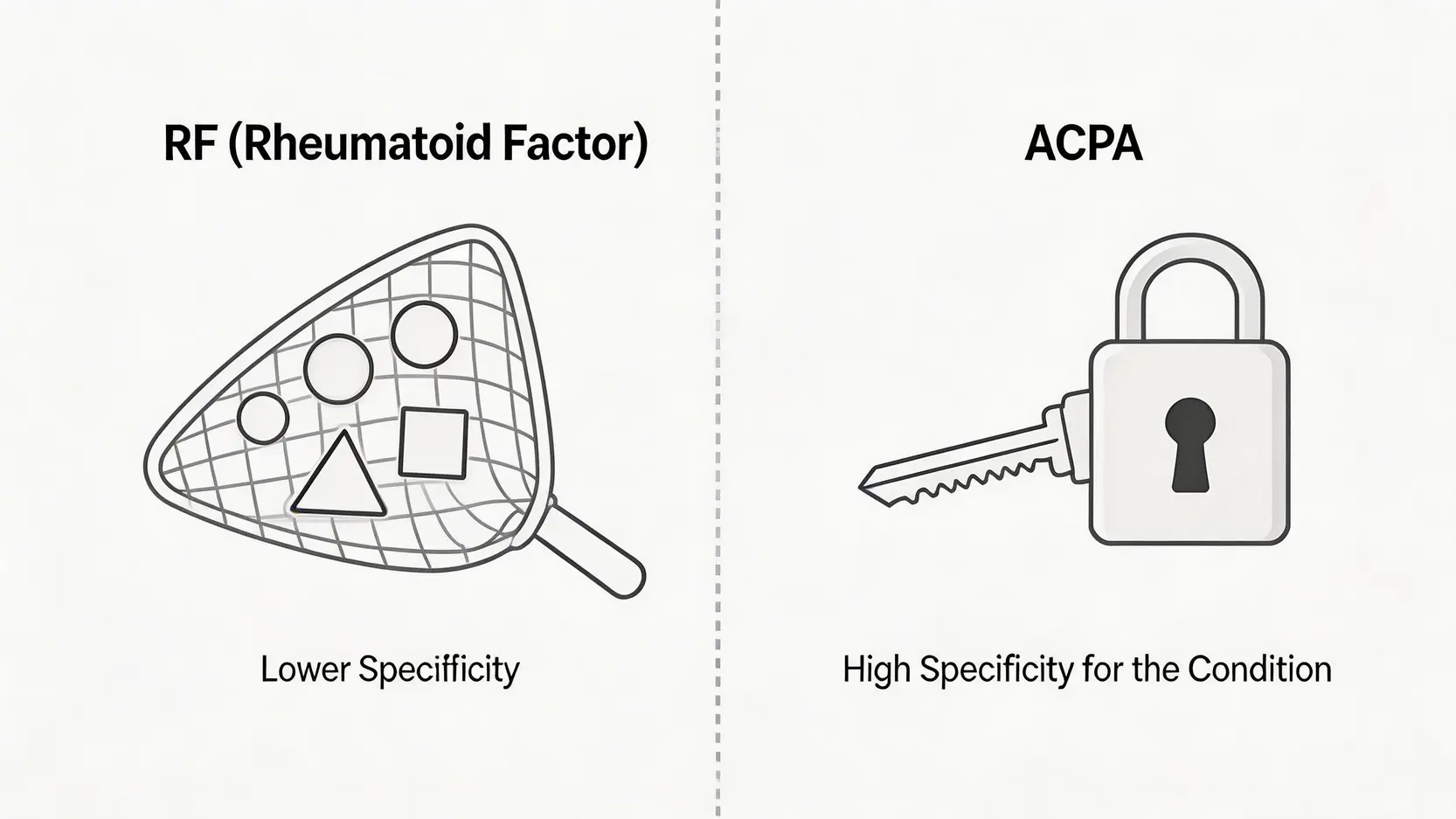 類風濕關節炎終極指南:一篇搞懂病徵、指數與最新治療方法 3 類風濕關節炎,類風濕關節炎病徵,類風濕關節炎指數,類風濕關節炎治療 類風濕因子(RF)與抗環瓜氨酸肽抗體(Anti-CCP)的特異性比較圖,顯示Anti-CCP對類風濕關節炎的診斷更具專一性。