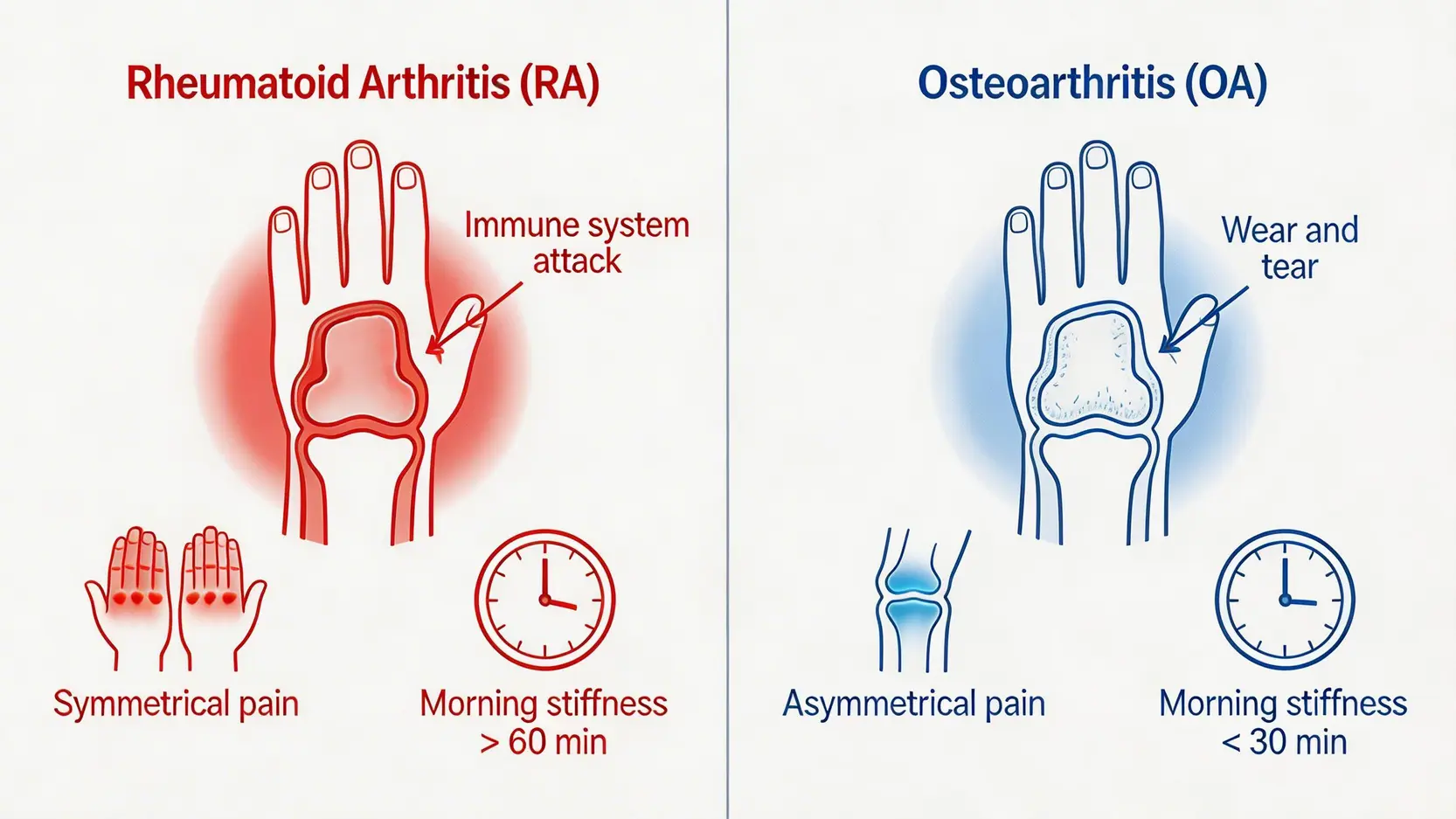類風濕關節炎終極指南:一篇搞懂病徵、指數與最新治療方法 4 類風濕關節炎,類風濕關節炎病徵,類風濕關節炎指數,類風濕關節炎治療 類風濕關節炎與退化性關節炎的區別圖,從病因(免疫攻擊 vs. 軟骨磨損)和症狀(對稱性 vs. 非對稱性)進行對比。