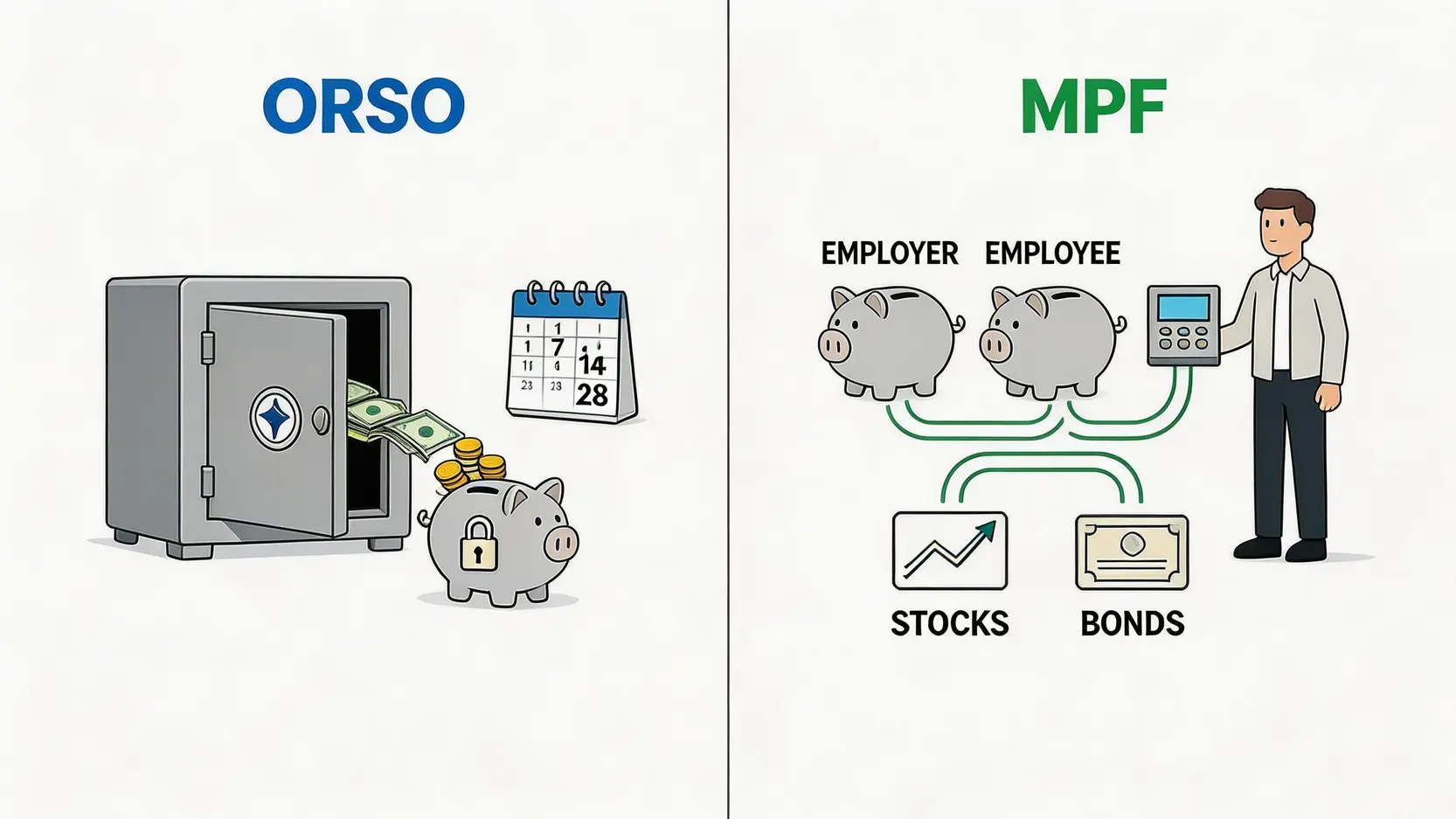 ORSO vs MPF 終極比較 (2026):一篇搞懂職業退休計劃是什麼、供款及選擇方法 1 職業退休計劃,ORSO計劃是什麼,強積金與ORSO比較,退休計劃供款 ORSO與MPF退休金計劃的主要分別對比圖,展示了兩者在僱主供款、歸屬期和投資自主權上的差異。