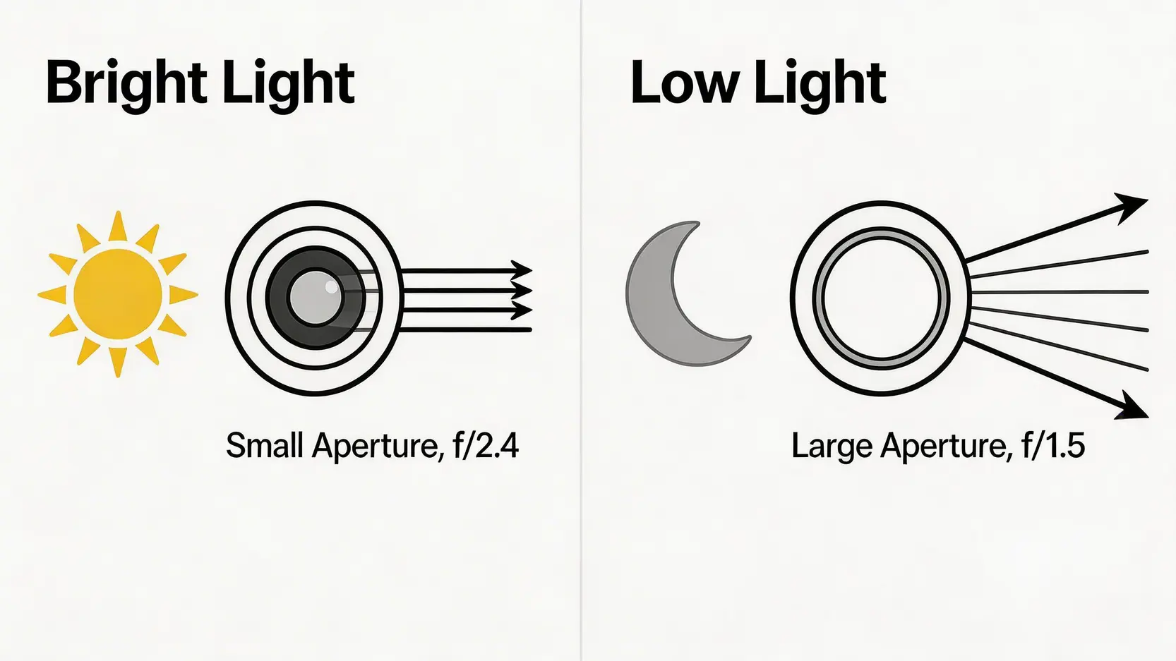 iPhone 18 Pro香港價錢規格全預測:A20晶片、屏下FaceID、新顏色5大升級亮點 3 iPhone18Pro香港價錢,iPhone18Pro規格傳聞,iPhone18Pro新功能,iPhone18Pro上市日期 可變光圈技術對比圖,展示在強光和弱光環境下光圈大小的變化及其作用。