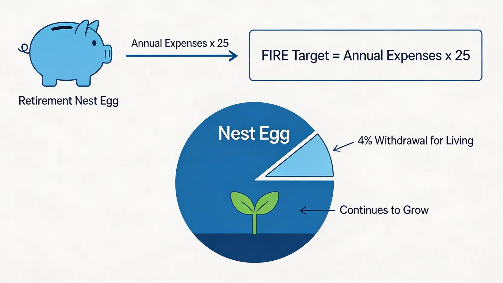 提早退休強積金:2026最新MPF提早領取6大條件、50歲退休規劃一篇搞懂 2 提早退休強積金,MPF提早領取條件,50歲退休規劃,財務自由FIRE香港 4%法則示意圖,解釋如何計算財務獨立所需的退休金目標金額,即年度開支乘以25。