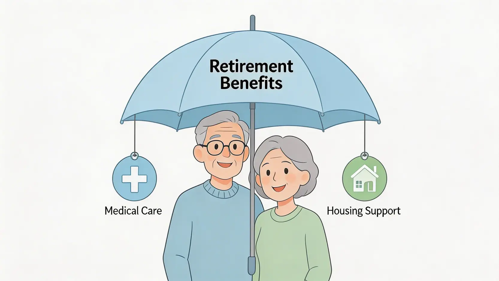 【2026公務員退休金計算】一篇搞懂長俸/公積金!政府退休金要交稅嗎?退休福利總整理 3 公務員退休金計算,政府退休金要交稅嗎,香港公務員長俸計劃,退休公務員福利 退休公務員福利總覽圖,一個大保護傘下涵蓋了醫療、牙科和房屋福利,象徵著全面的保障。