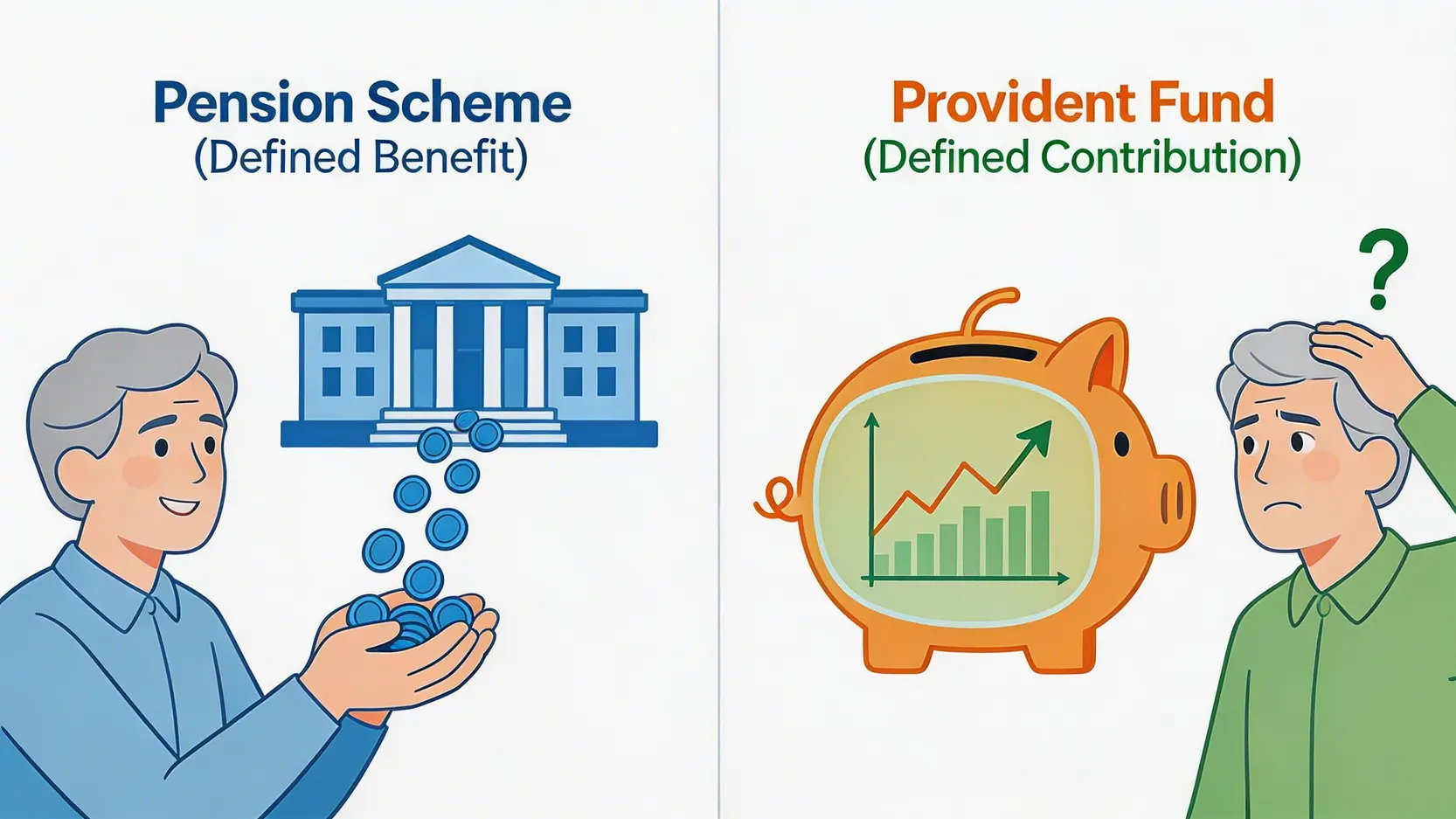 【2026公務員退休金計算】一篇搞懂長俸/公積金!政府退休金要交稅嗎?退休福利總整理 1 公務員退休金計算,政府退休金要交稅嗎,香港公務員長俸計劃,退休公務員福利 長俸計劃與公積金計劃對比圖,左邊顯示政府提供穩定退休金,右邊顯示個人承擔投資風險的公積金。