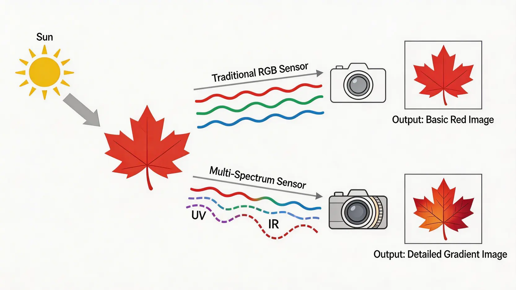 HUAWEI Pura X2香港發售日期確定!2026年Q2登場?規格、鏡頭、價格懶人包 4 HUAWEIPuraX2香港發售日期,華為PuraX2規格,HUAWEIPuraX2鏡頭評測 多光譜感測器與傳統RGB感測器的色彩捕捉原理對比示意圖。
