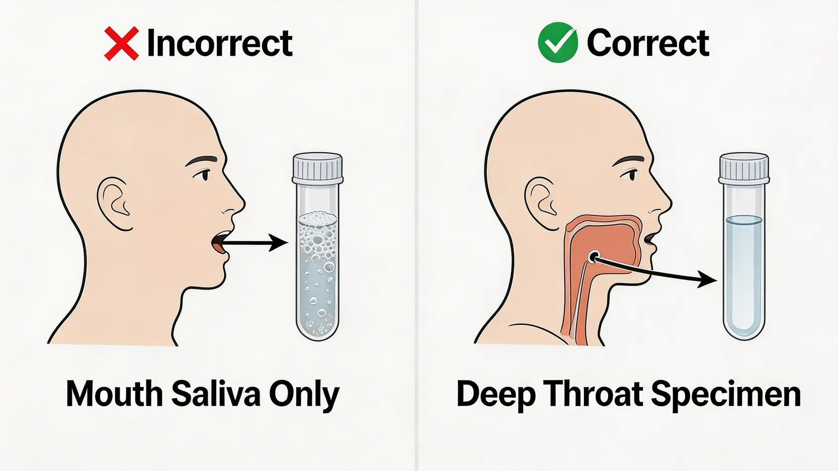 【2026最新】深喉唾液測試全攻略:流程、準確度及社區檢測中心懶人包 4 深喉唾液測試,深喉唾液測試流程,社區檢測中心深喉測試,深喉測試準確度 正確與錯誤的深喉唾液採樣方式對比圖,顯示了合格樣本與不合格樣本的區別。