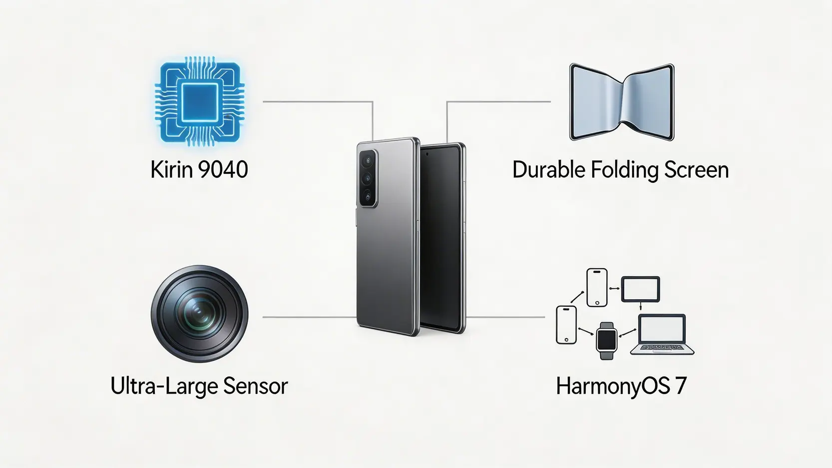 HUAWEI Mate X8香港上市日期、規格、價錢懶人包(2026最新爆料) 2 HUAWEIMateX8香港上市日期,HUAWEIMateX8規格,HUAWEIMateX8價錢 華為 Mate X8 四大核心規格示意圖,包含麒麟9040處理器、耐用摺疊螢幕、超大底感光元件相機與鴻蒙7系統。