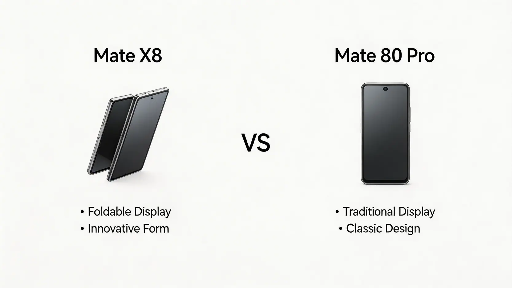 HUAWEI Mate X8香港上市日期、規格、價錢懶人包(2026最新爆料) 4 HUAWEIMateX8香港上市日期,HUAWEIMateX8規格,HUAWEIMateX8價錢 HUAWEI Mate X8 與 Mate 80 Pro 的產品形態對比圖,展示摺疊螢幕與傳統直板手機的核心分別。