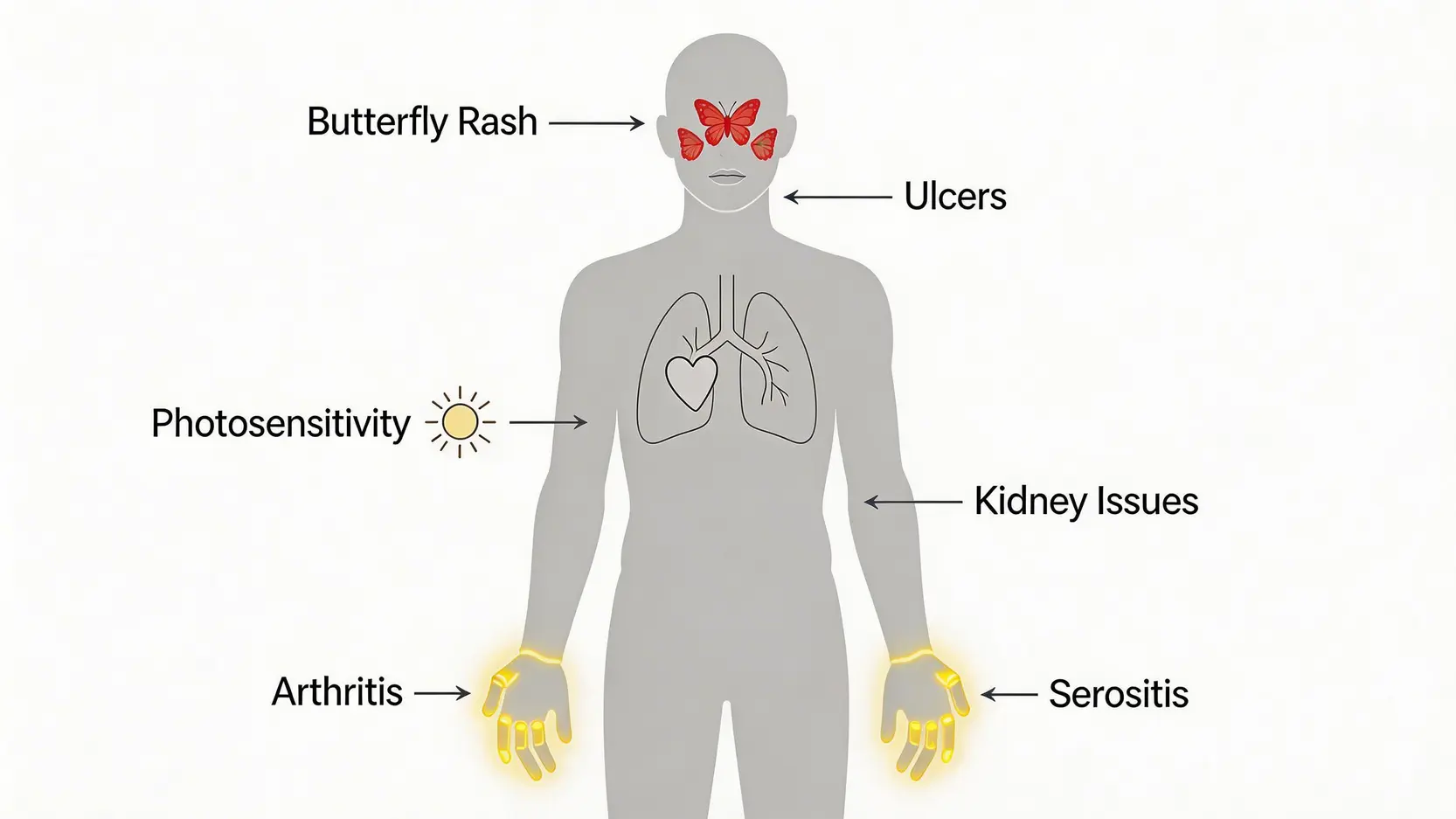紅斑狼瘡症終極指南:由蝴蝶斑等11大症狀、成因到最新治療全攻略 3 紅斑狼瘡症,紅斑狼瘡症狀,紅斑狼瘡成因,紅斑狼瘡治療,紅斑狼瘡症壽命 人體圖解,展示紅斑狼瘡症的主要症狀,包括臉部蝴蝶斑、關節炎、光敏感、口腔潰瘍及對內臟器官的影響。
