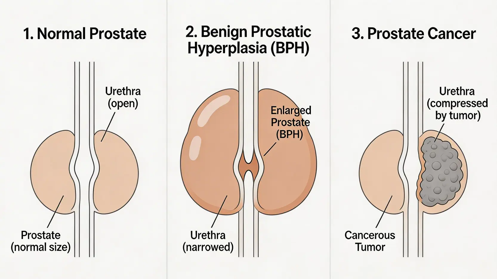 【2026前列腺癌懶人包】一篇搞懂成因、初期病徵、治療方案及存活率 3 前列腺癌,前列腺癌成因,前列腺癌初期病徵,前列腺癌治療 一張對比圖,展示正常前列腺、良性前列腺增生(肥大)及前列腺癌三者對尿道的影響。