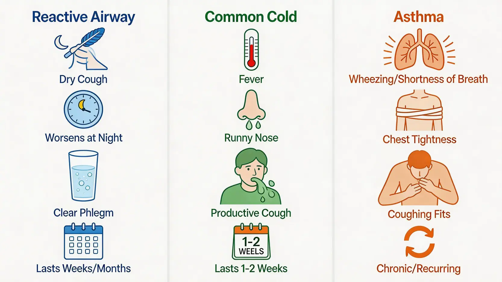 氣管敏感全攻略:咳唔停?即學5款食療湯水、了解成因與斷尾方法 3 氣管敏感,氣管敏感咳,氣管敏感斷尾,氣管敏感食療 一張圖表比較氣管敏感、感冒和哮喘的主要分別,涵蓋咳嗽特點、痰液、持續時間和伴隨症狀。