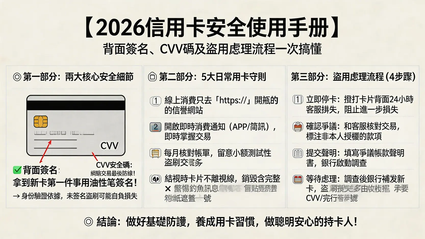 【2026信用卡安全使用手冊】一篇搞懂背面簽名、CVV碼及盜用處理流程 1 信用卡安全使用,信用卡背面簽名,信用卡CVV安全碼,信用卡盜用處理 【2026信用卡安全使用手冊】一篇搞懂背面簽名、CVV碼及盜用處理流程