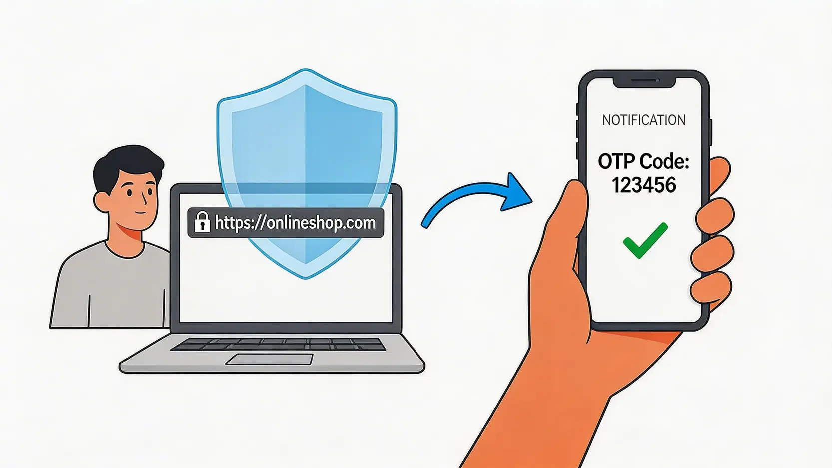 【2026信用卡安全使用手冊】一篇搞懂背面簽名、CVV碼及盜用處理流程 2 信用卡安全使用,信用卡背面簽名,信用卡CVV安全碼,信用卡盜用處理 一張圖解,展示安全的網上信用卡交易流程,包括檢查HTTPS網址、鎖頭圖案和使用手機接收一次性密碼(OTP)進行雙重認證。
