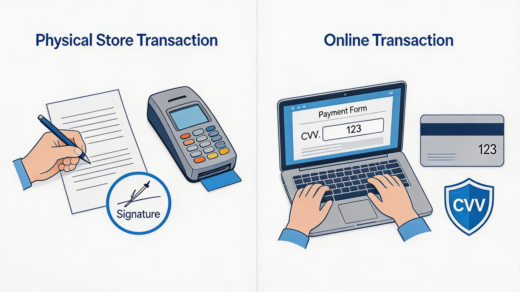 【2026信用卡安全使用手冊】一篇搞懂背面簽名、CVV碼及盜用處理流程 3 信用卡安全使用,信用卡背面簽名,信用卡CVV安全碼,信用卡盜用處理 信用卡背面簽名與CVV安全碼的功能對比圖,左邊顯示用於實體店交易的簽名核對,右邊顯示用於網上交易的CVV碼驗證。