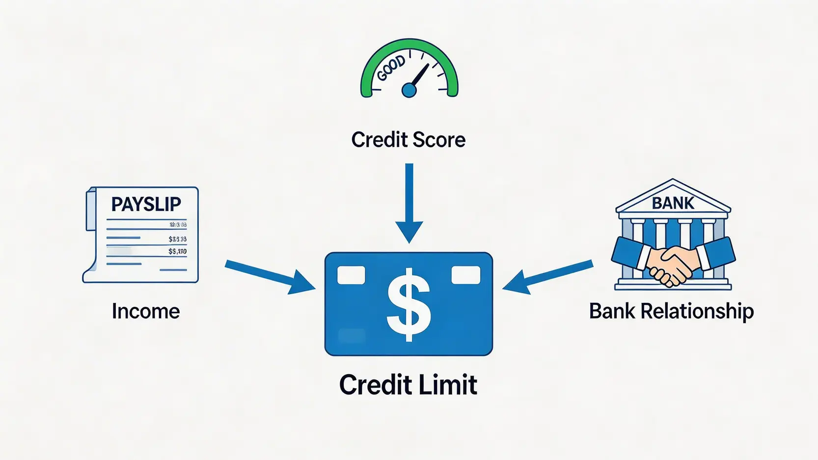 信用卡額度點計?2026最新教學:一篇搞懂加大臨時及永久信用額全攻略 2 信用卡額度點計,點樣加大信用額,申請臨時信用額,TU信貸評分影響 銀行決定信用卡額度的三大關鍵因素圖解:收入證明、信貸評分和與銀行的關係。