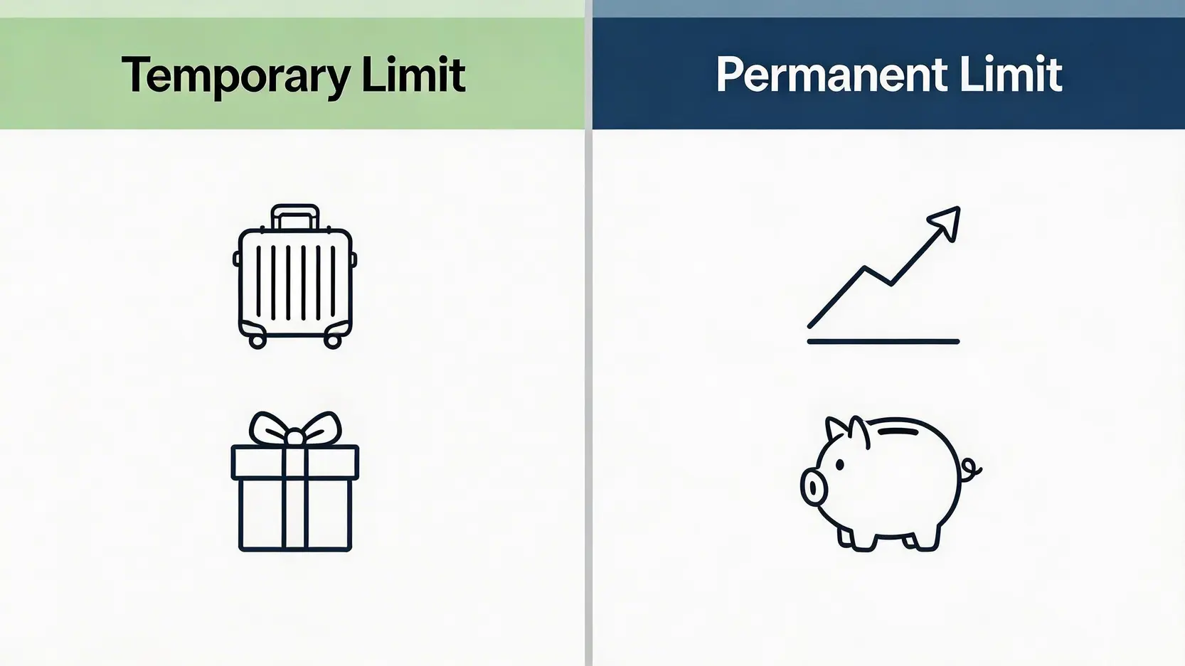 信用卡額度點計?2026最新教學:一篇搞懂加大臨時及永久信用額全攻略 3 信用卡額度點計,點樣加大信用額,申請臨時信用額,TU信貸評分影響 臨時信用額與永久信用額的比較圖,顯示了兩者在適用時機上的分別。