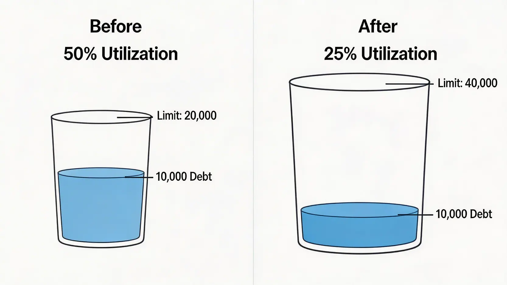信用卡額度點計?2026最新教學:一篇搞懂加大臨時及永久信用額全攻略 4 信用卡額度點計,點樣加大信用額,申請臨時信用額,TU信貸評分影響 提高信用額度如何降低信貸使用率的示意圖,顯示總額度增加後,相同欠款額佔用的百分比下降。