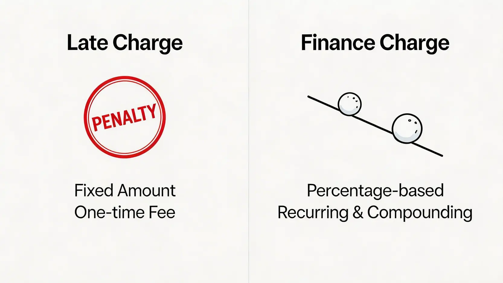 信用卡遲還會點?2026搞懂遲交卡數罰款、Min Pay陷阱及對TU信貸評級致命影響! 2 信用卡遲還會點,遲交卡數罰款,信用卡找minpay影響,遲繳影響信貸評級 逾期費用與財務費用對比圖,顯示前者為一次性固定罰款,後者為持續滾動的複利息。