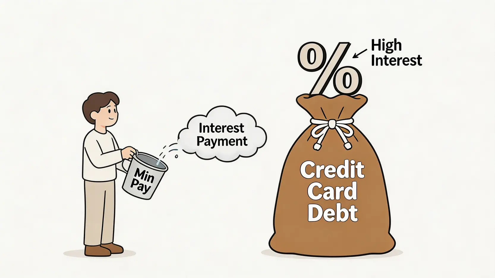 信用卡遲還會點?2026搞懂遲交卡數罰款、Min Pay陷阱及對TU信貸評級致命影響! 3 信用卡遲還會點,遲交卡數罰款,信用卡找minpay影響,遲繳影響信貸評級 信用卡最低還款額陷阱示意圖,顯示Min Pay大部分用於支付利息,對償還本金效果甚微。