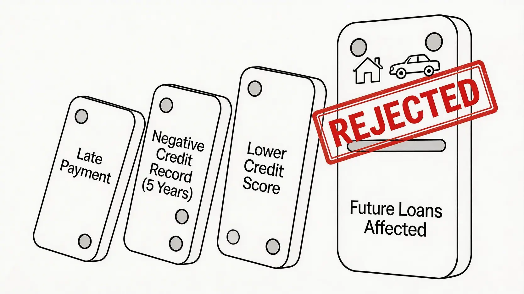 信用卡遲還會點?2026搞懂遲交卡數罰款、Min Pay陷阱及對TU信貸評級致命影響! 4 信用卡遲還會點,遲交卡數罰款,信用卡找minpay影響,遲繳影響信貸評級 信用卡遲還對信貸評級的連鎖反應流程圖,顯示從逾期還款到影響未來貸款申請的過程。