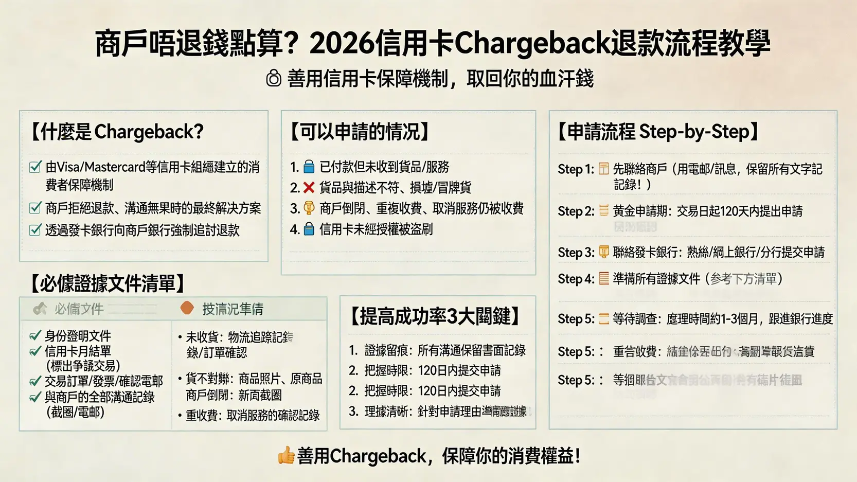 商戶唔退錢點算?2026信用卡退款流程教學,善用Chargeback保障權益 1 信用卡退款流程,信用卡退款時間,信用卡Chargeback教學,商戶唔退錢點算 商戶唔退錢點算?2026信用卡退款流程教學,善用Chargeback保障權益