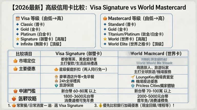 【2026最新】信用卡等級一篇搞懂:Visa Signature/World Mastercard高級信用卡比較,優惠、年費、申請要求全攻略 1 【2026最新】信用卡等級一篇搞懂:Visa Signature/World Mastercard高級信用卡比較,優惠、年費、申請要求全攻略